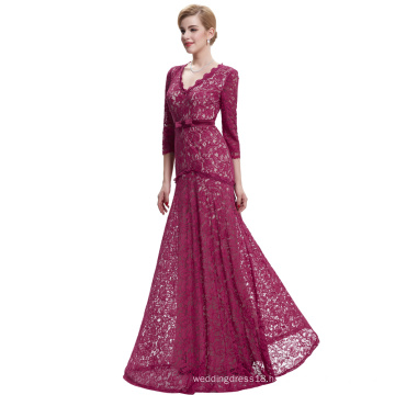 Starzz 2016 3/4 Sleeve Floor-Length V neck Long Wine Red Elegant Lace Evening Dress ST000012-2